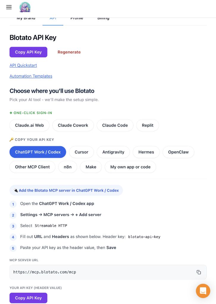 Blotato’s API page with a Copy API Key button, a row of tools to choose from, and numbered steps for adding the Blotato server address in ChatGPT Work / Codex